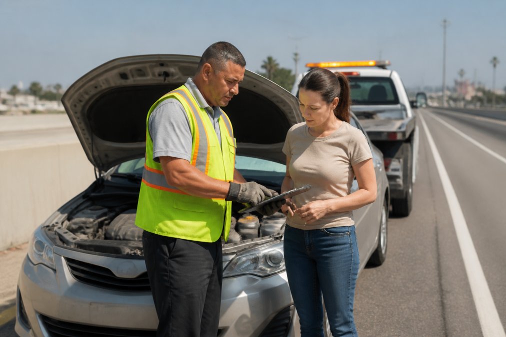 A tow truck driver in a reflective safety vest assisting a stranded driver on the shoulder of a highway during daytime, with a service vehicle parked behind