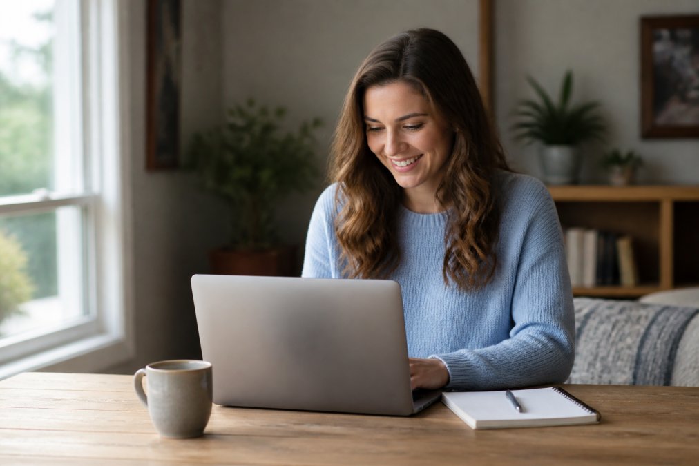 Smiling woman with coffee and notebook using a laptop to review an order from an online clothing boutique