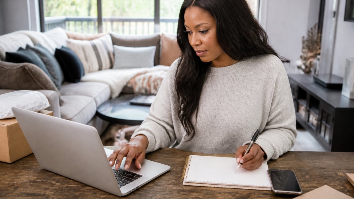 Woman checking online order details and shipping dates on a laptop at home