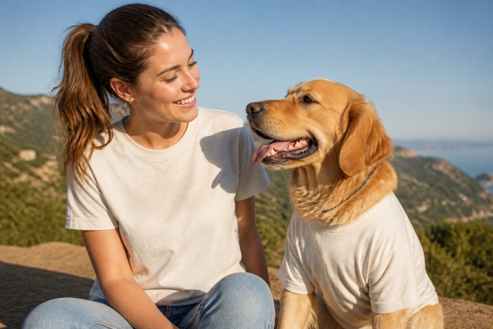 Woman and golden retriever wearing matching casual t-shirts outdoors on a sunny day, both looking happy and comfortable, with natural sunlight highlighting the fabric quality
