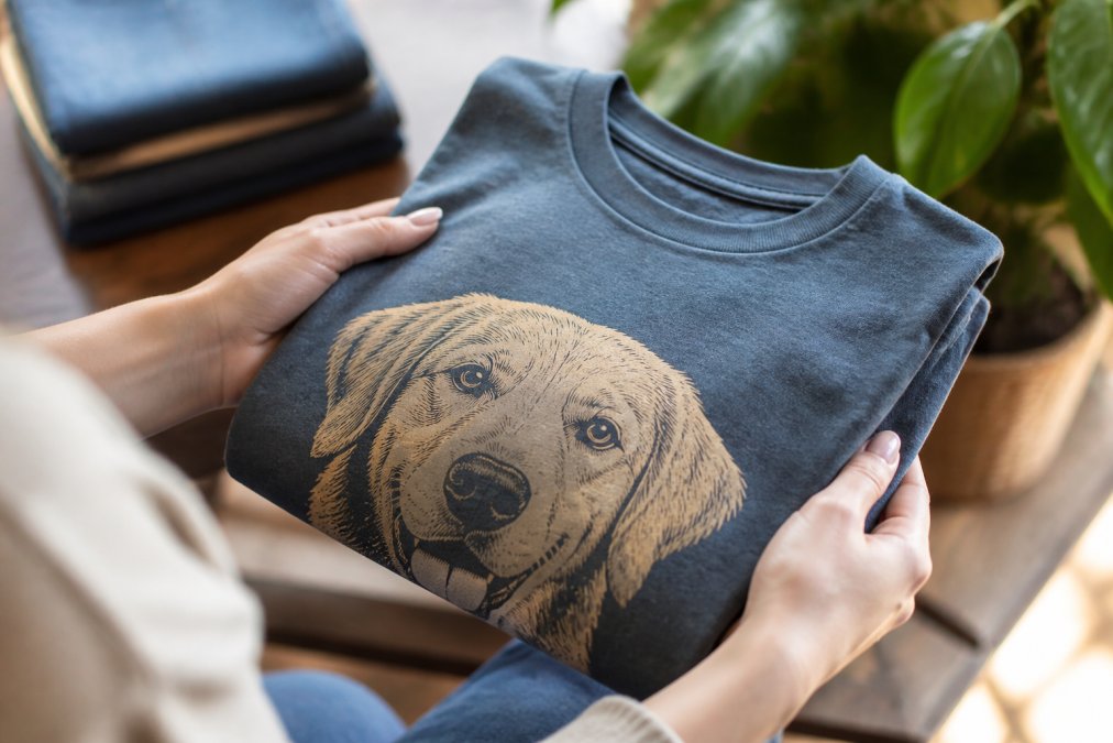 Close-up of hands holding a folded, high-quality soft t-shirt with dog-themed design, showing fabric texture and print detail with natural lighting