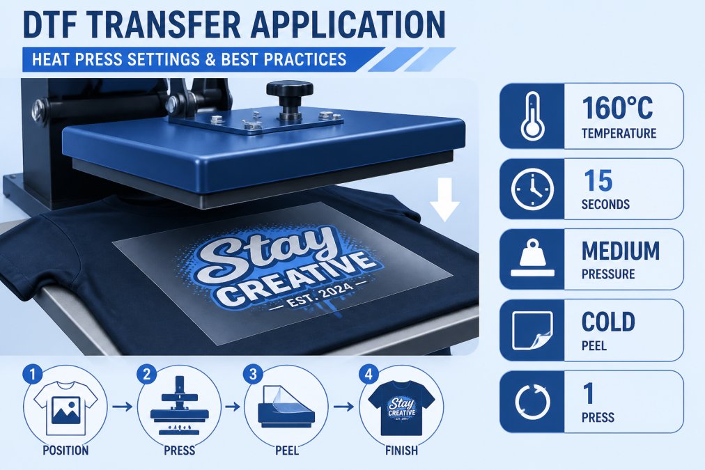 Close-up of a heat press applying a DTF transfer to a dark cotton t-shirt, showing the pressing action and the transfer film making contact with fabric