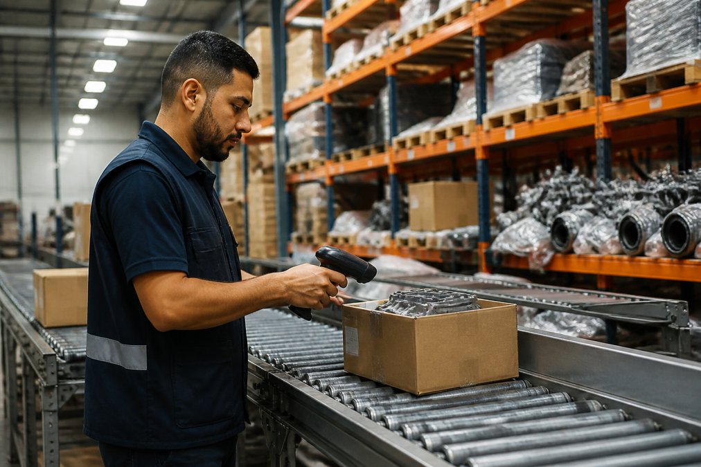 A freight worker in a warehouse scanning a boxed automotive part on a conveyor belt, with shelves of packaged car components in the background under bright fluorescent lighting