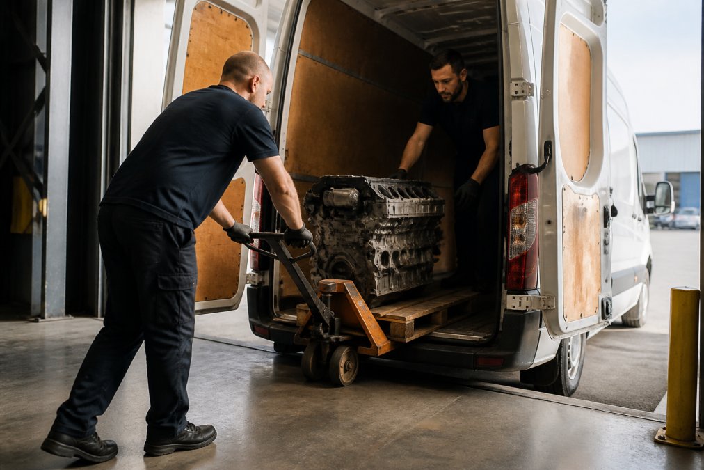 Two logistics workers carefully loading a large engine block into the back of a freight van using a pallet jack in a well-lit industrial loading dock