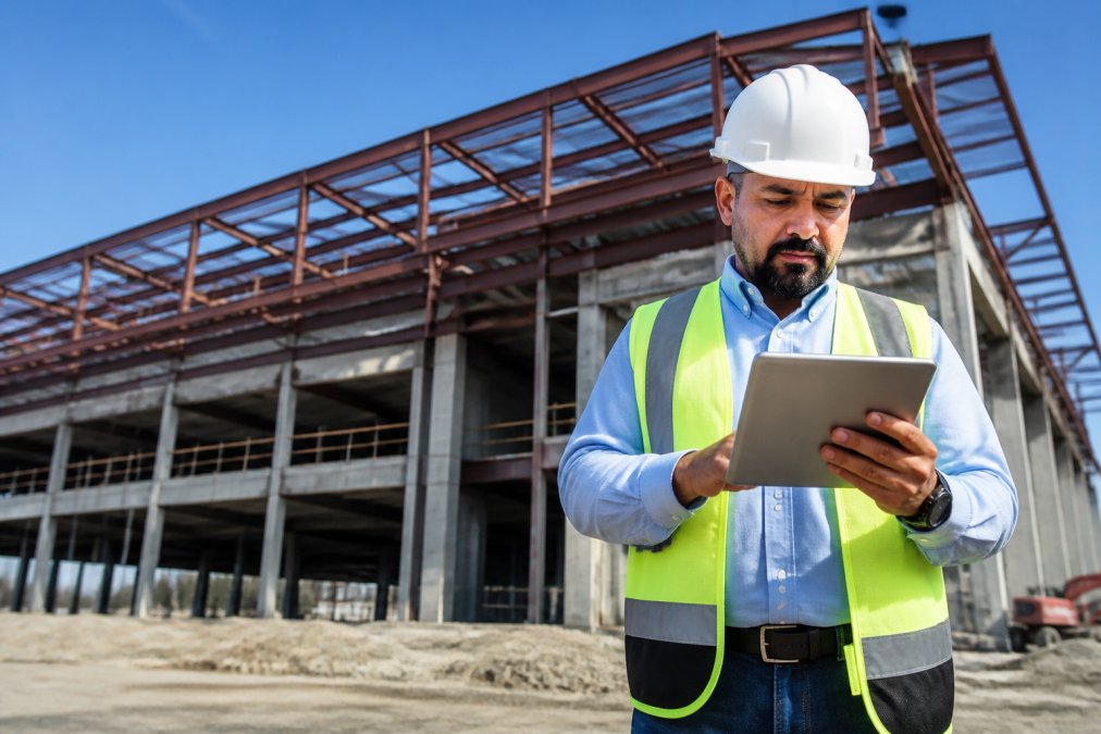 A construction project manager in a white hard hat reviewing a tablet while standing in front of an unfinished commercial building with exposed steel framing and blue sky overhead