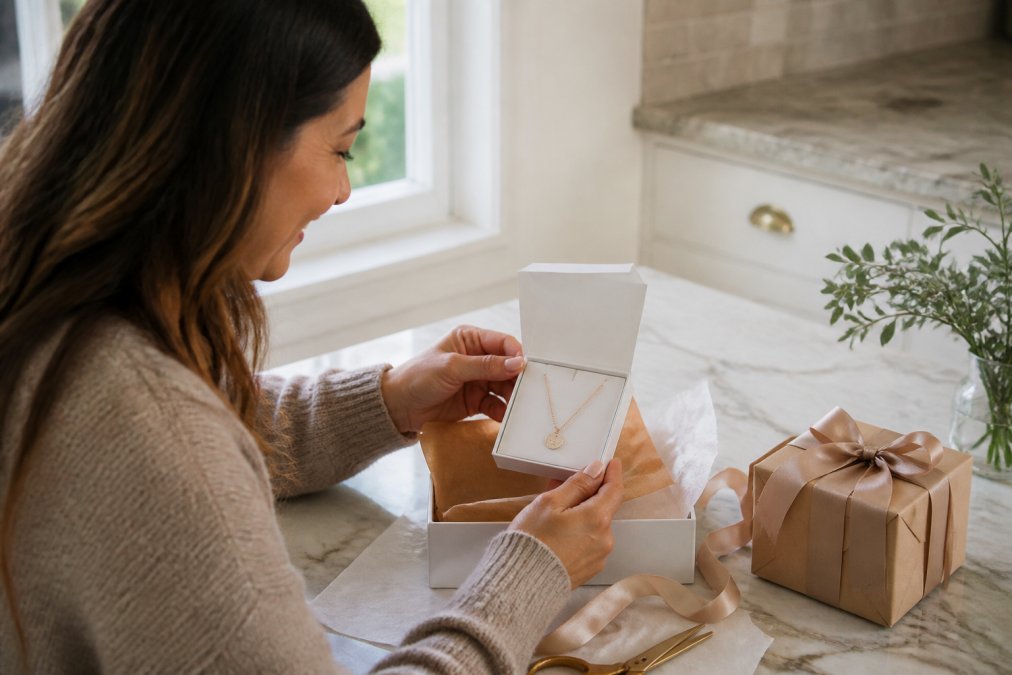 A person unboxing a personalized engraved necklace set at a bright kitchen table, white jewelry box open, soft daylight through a window, gift wrap and tissue paper nearby
