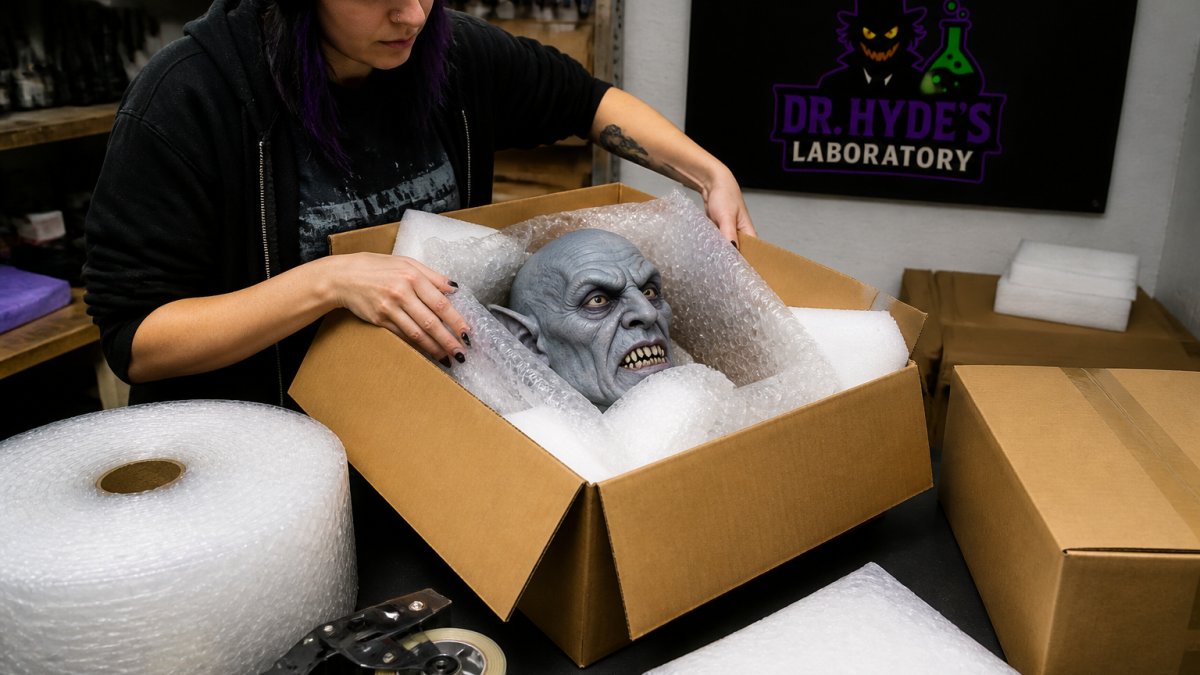 Professional packing of fragile horror prop with multiple layers of bubble wrap, foam padding, and secure sealing tape on cardboard box in well-lit workspace