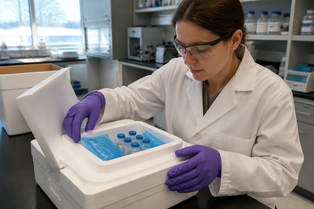 A researcher in a white lab coat carefully unpacking a sealed insulated shipping box containing small vials surrounded by gel ice packs on a clean laboratory bench