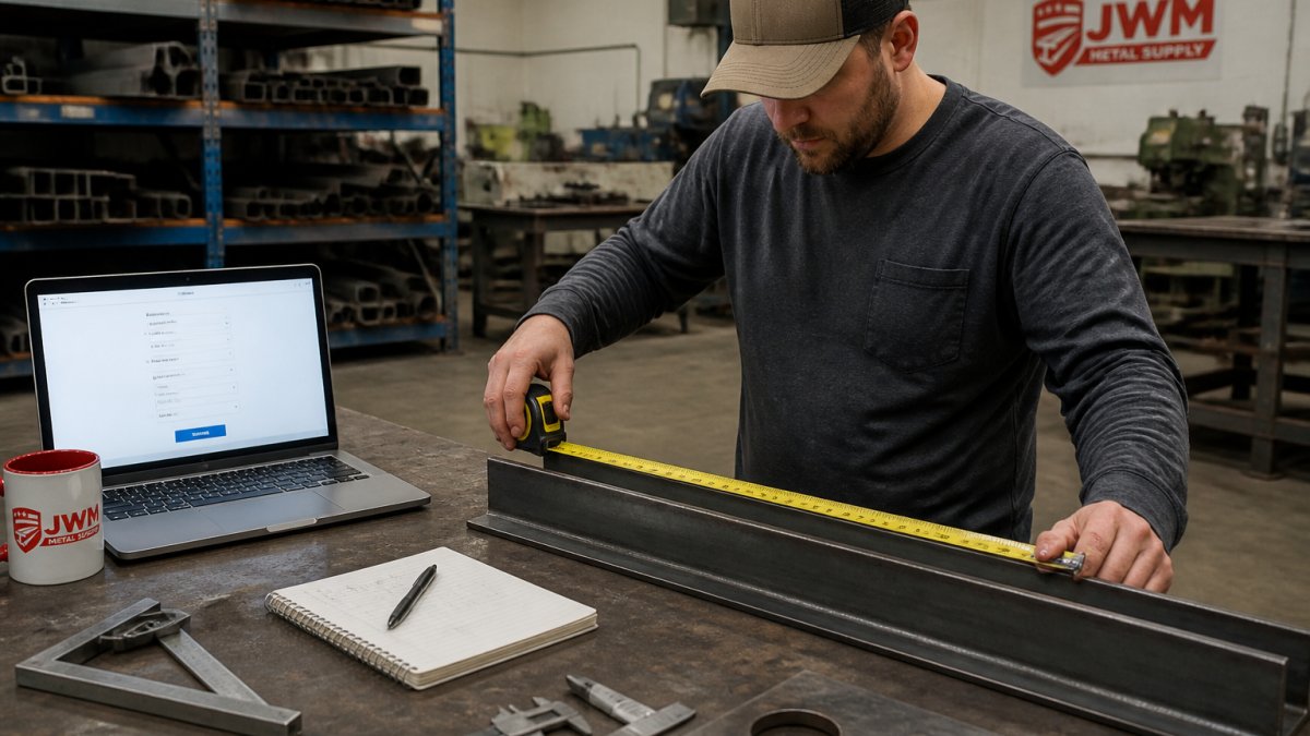 A person at a workbench measuring a length of steel channel with a tape measure, laptop open nearby showing an online order form, workshop setting with tools visible