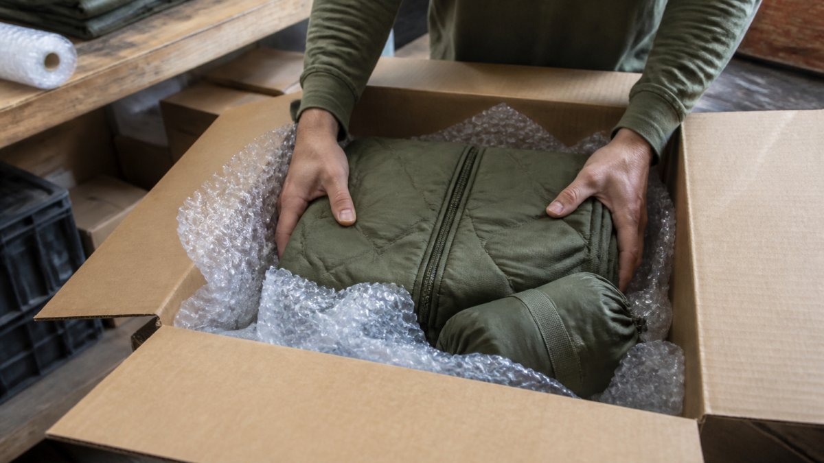Professional hands carefully packing military surplus gear into a sturdy cardboard box with protective bubble wrap and padding, showing meticulous attention to packaging standards and care