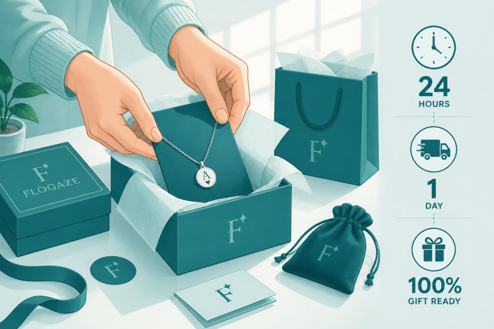 Close-up of hands carefully placing a personalized engraved necklace into luxury gift-ready packaging with tissue paper and branded box, morning sunlight streaming through a studio window