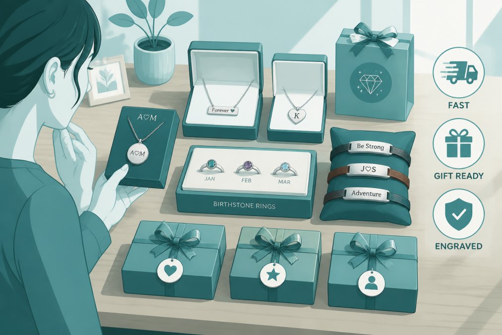 Gift-giver carefully examining a curated display of personalized jewelry pieces including engraved necklaces, birthstone rings, and leather bracelets on a wooden table with natural afternoon light, showing multiple ready-to-gift options