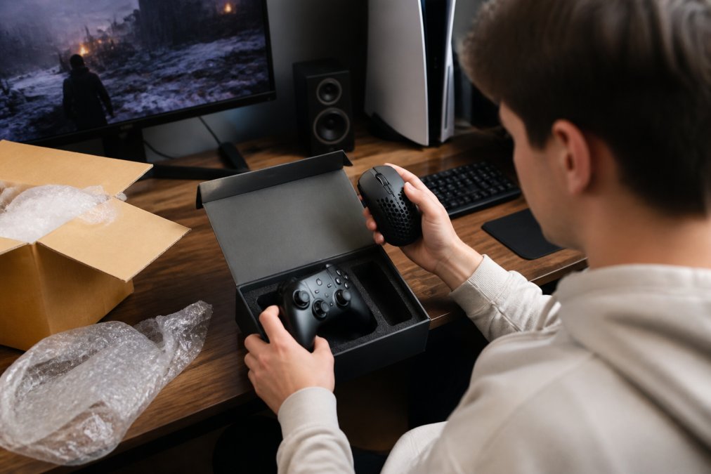 Infographic showing the fast shipping gaming gear process from order to unboxing a new mouse and controller.