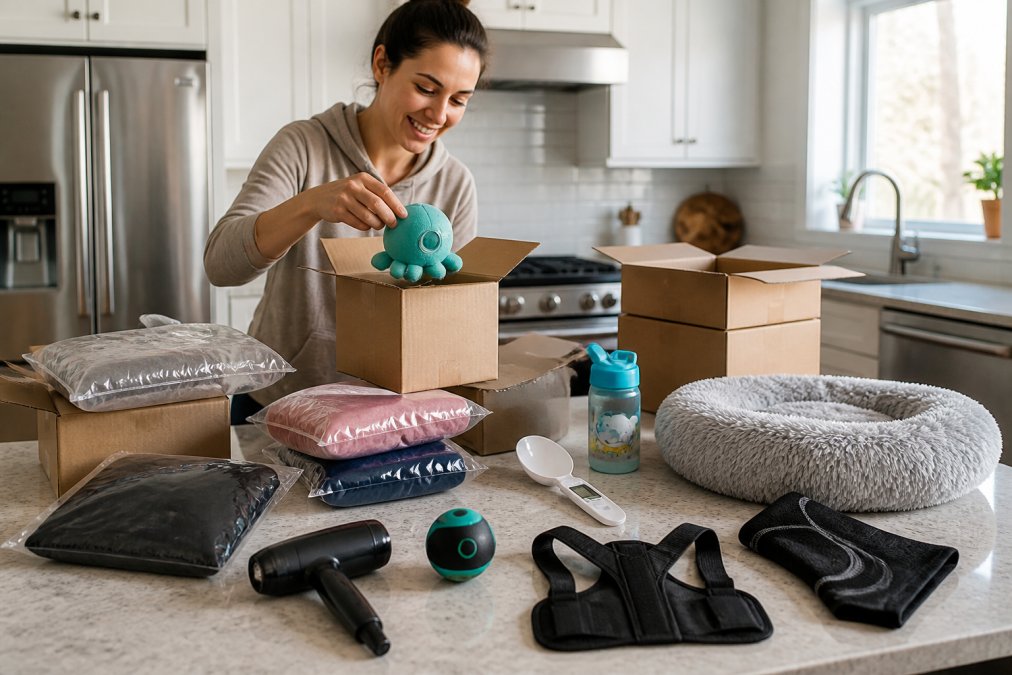 A busy parent quickly unboxing household essentials and cleaning products delivered to their home, with packages and items spread across a kitchen counter in natural daylight