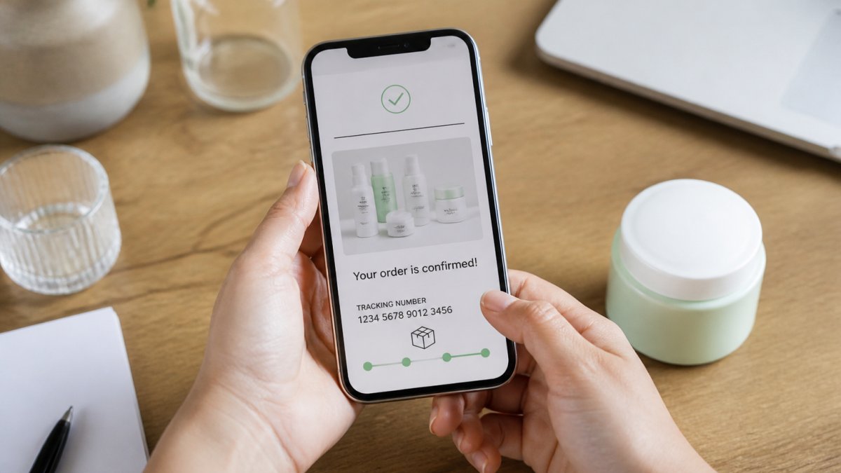 Hands holding a smartphone showing an online order tracking number beside a skincare jar on a wooden desk.