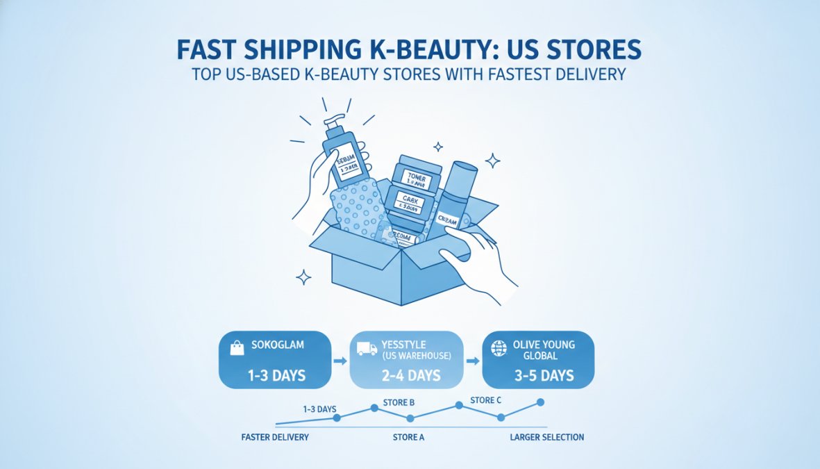 Close-up of hands unboxing Korean skincare products with branded packaging and bubble wrap, showing excitement and anticipation