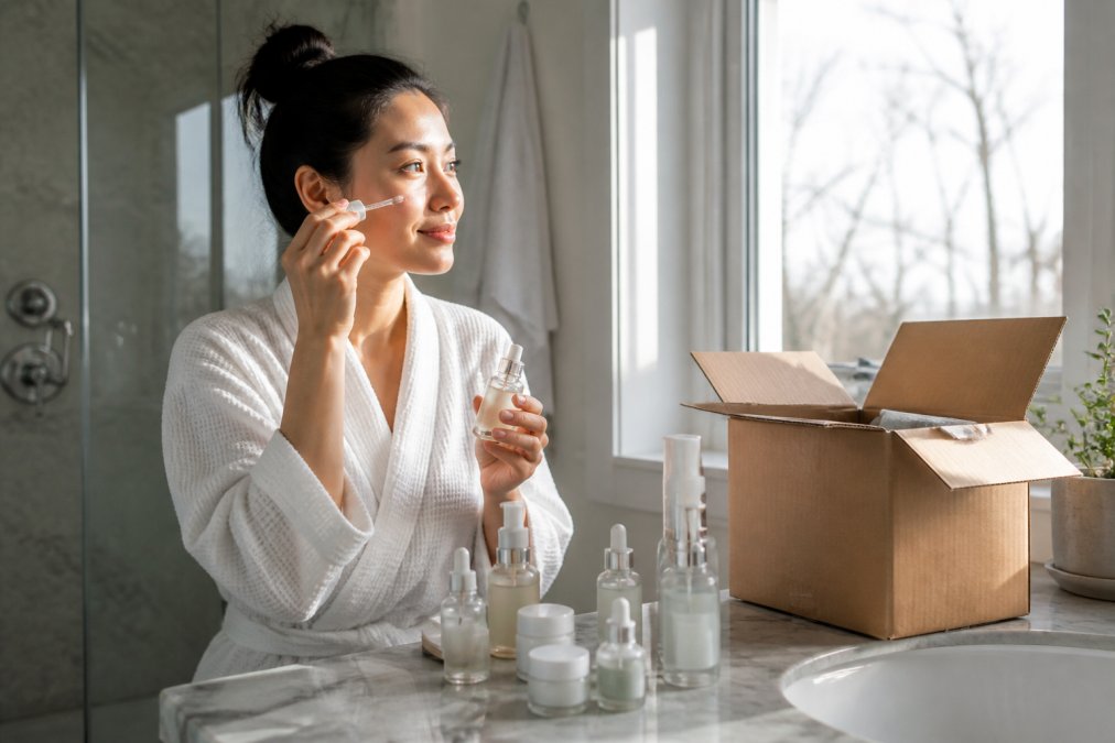A woman in a bright bathroom applying Korean skincare serum, with an open delivery box and several skincare bottles arranged on the marble counter, soft morning light through a window