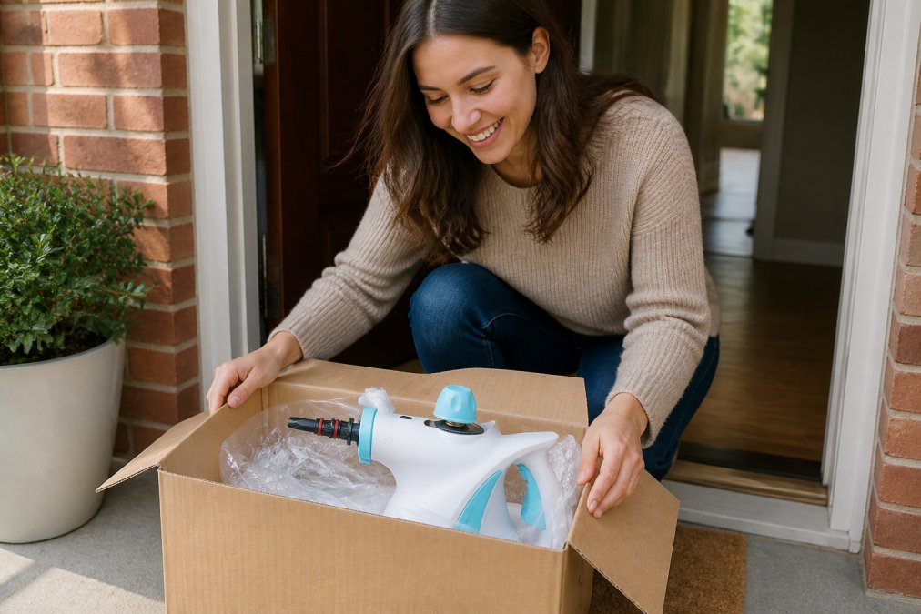 Person unboxing home decor items at their front door with delivery confirmation notification visible on smartphone screen, natural daylight
