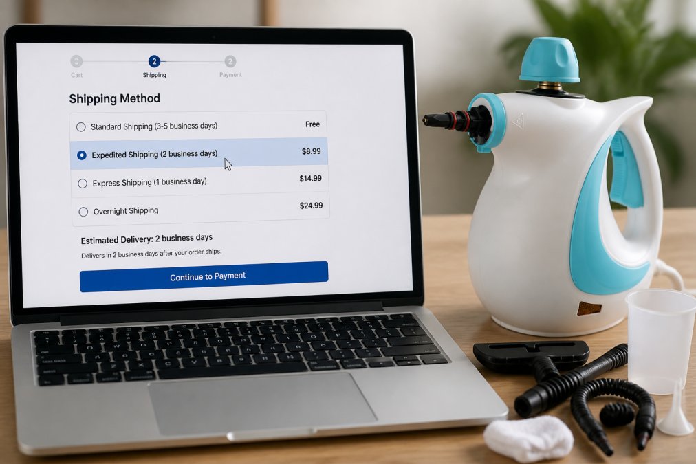 Laptop screen showing online checkout page with multiple shipping options and costs clearly displayed, with mouse cursor hovering over expedited shipping option