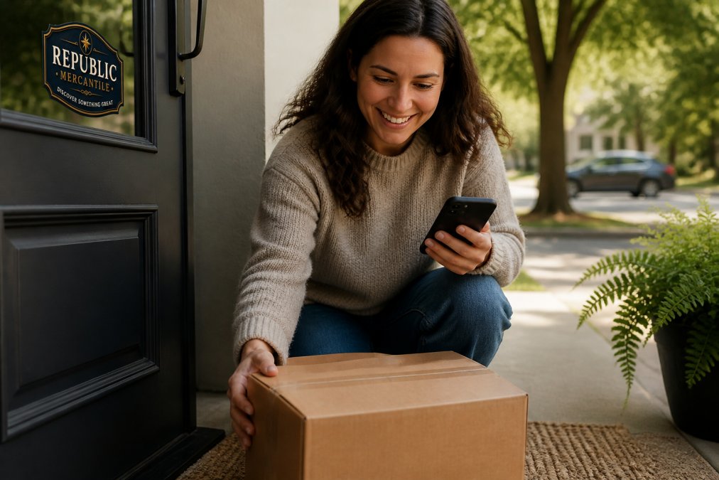 A person at a front door picking up a cardboard delivery package from the porch, holding a smartphone showing a delivery notification, soft morning light