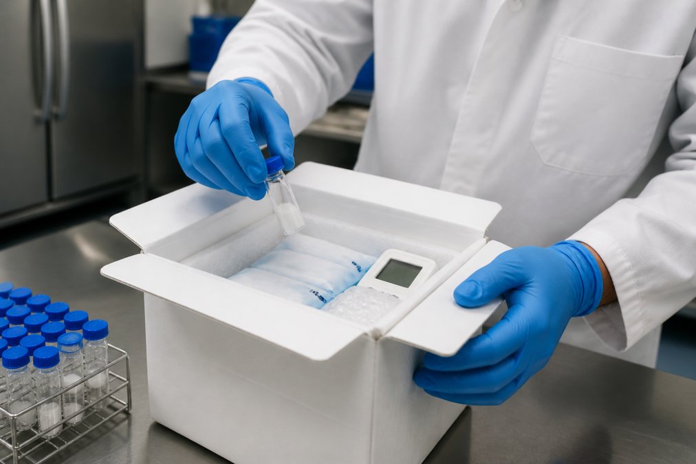 Professional carefully placing a research peptide vial in insulated packaging with ice packs and temperature monitoring devices, demonstrating proper cold-chain handling in a clean lab environment