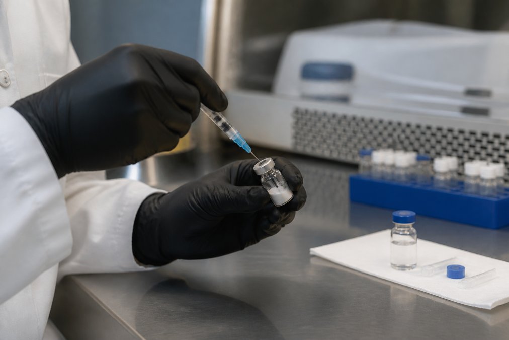 Researcher's hands performing sterile reconstitution of a lyophilized peptide vial using bacteriostatic water and sterile syringe at a clean lab bench with proper lighting
