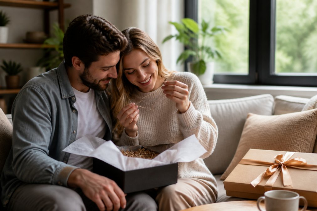 Couple unboxing an elegantly wrapped personalized gift together, examining a custom engraved jewelry piece with genuine emotion and joy, soft natural lighting from a window