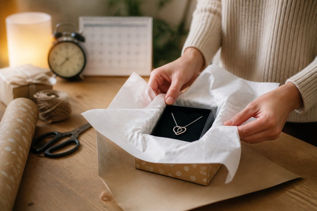 Hands carefully wrapping a personalized gift item in elegant tissue paper, with a calendar and clock visible in soft background lighting, conveying last-minute urgency and care