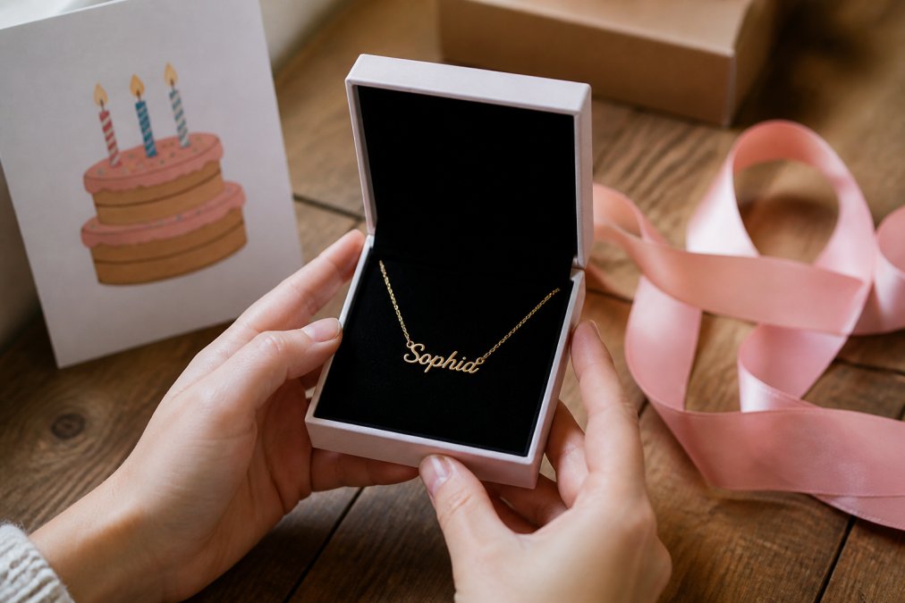 Close-up of hands holding a delicate personalized name necklace in a soft touch gift box, with a birthday card and ribbon in the background on a wooden table