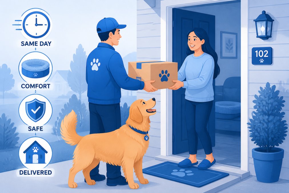 Pet owner receiving a cardboard package at their front doorstep with a golden retriever greeting the delivery person, natural daylight, showing the convenience of doorstep delivery
