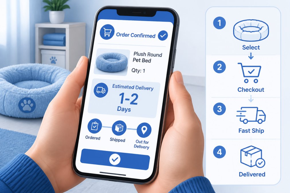 Close-up of hands holding a smartphone displaying a pet supply checkout screen, showing order confirmation and delivery time estimate, natural indoor lighting