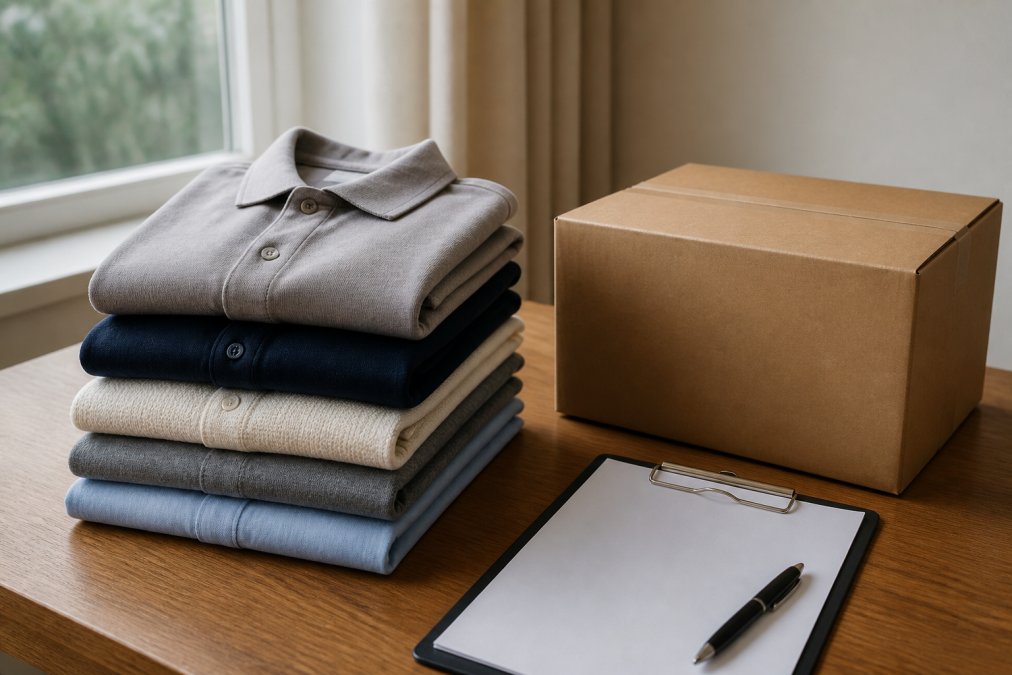 A neatly folded stack of premium men's shirts and knit polos on a wooden table next to a cardboard shipping box and a clipboard, natural window light