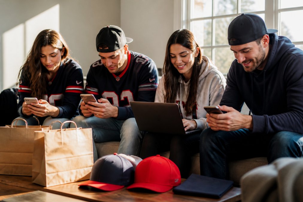 Sports fans in a living room checking their phones and laptops while wearing team apparel, with shopping bags and caps visible on a coffee table, natural afternoon sunlight streaming through windows