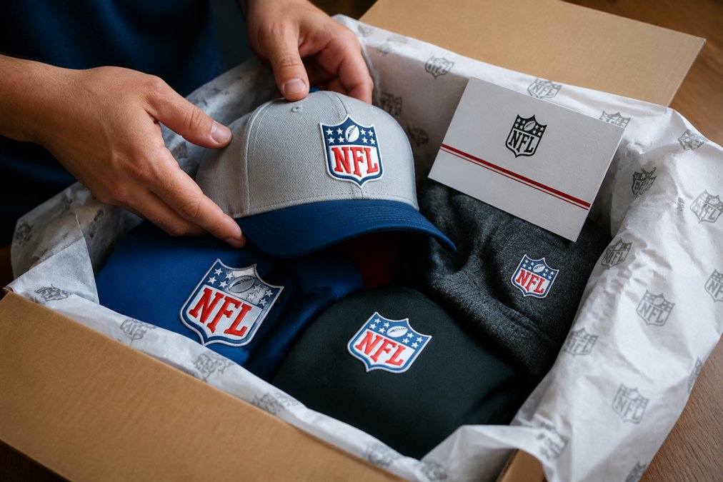Hands carefully unboxing a package containing folded team caps and apparel with official NFL branding visible, with branded tissue paper and a thank-you card, indoor lighting showing the quality of the merchandise