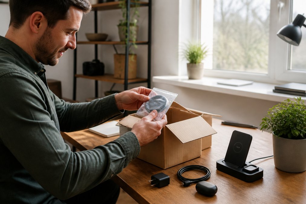 Remote worker at a home office desk unboxing a tech accessory package, with wireless charging station and other tech items visible on the workspace, natural morning light from window