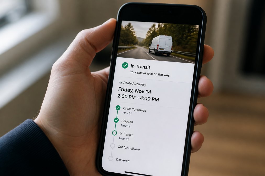 Close-up of a smartphone screen displaying a real-time order tracking notification with delivery status update showing estimated arrival date and time window