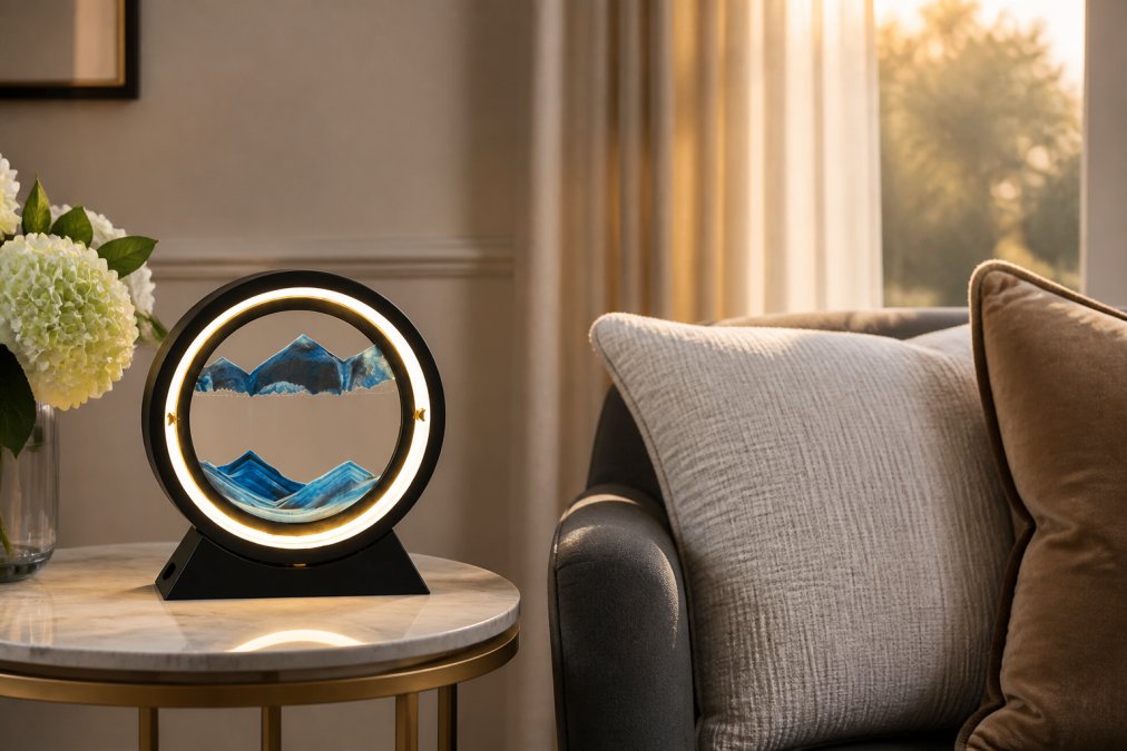 Modern living room corner with the Moving Sand Art Landscape Table Lamp on a side table creating soft ambient lighting, positioned next to a comfortable armchair with neutral throw pillows, warm evening light filtering through nearby window
