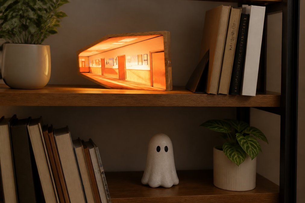 Styled bookshelf displaying the 3D Illusion Night Light glowing softly, a small decorative ghost ornament on a middle shelf, and carefully arranged books with intentional spacing between items, showing balanced visual rhythm and breathing room