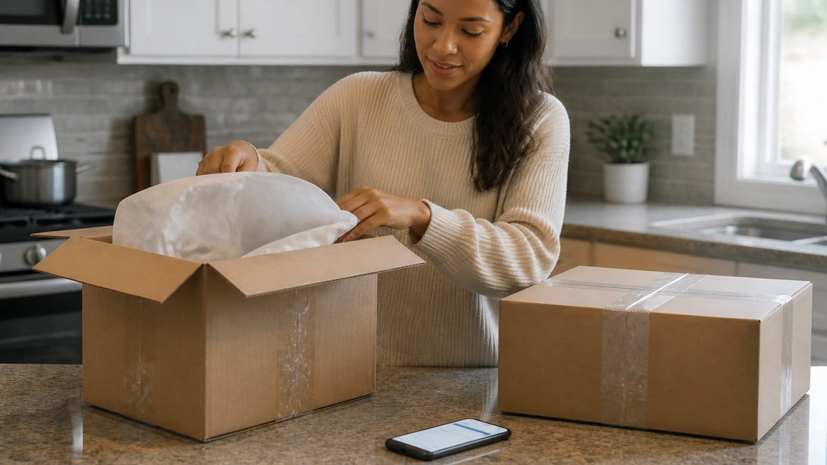 A person at a kitchen counter opening a cardboard delivery box with packing tape and tissue paper visible, phone with tracking screen nearby
