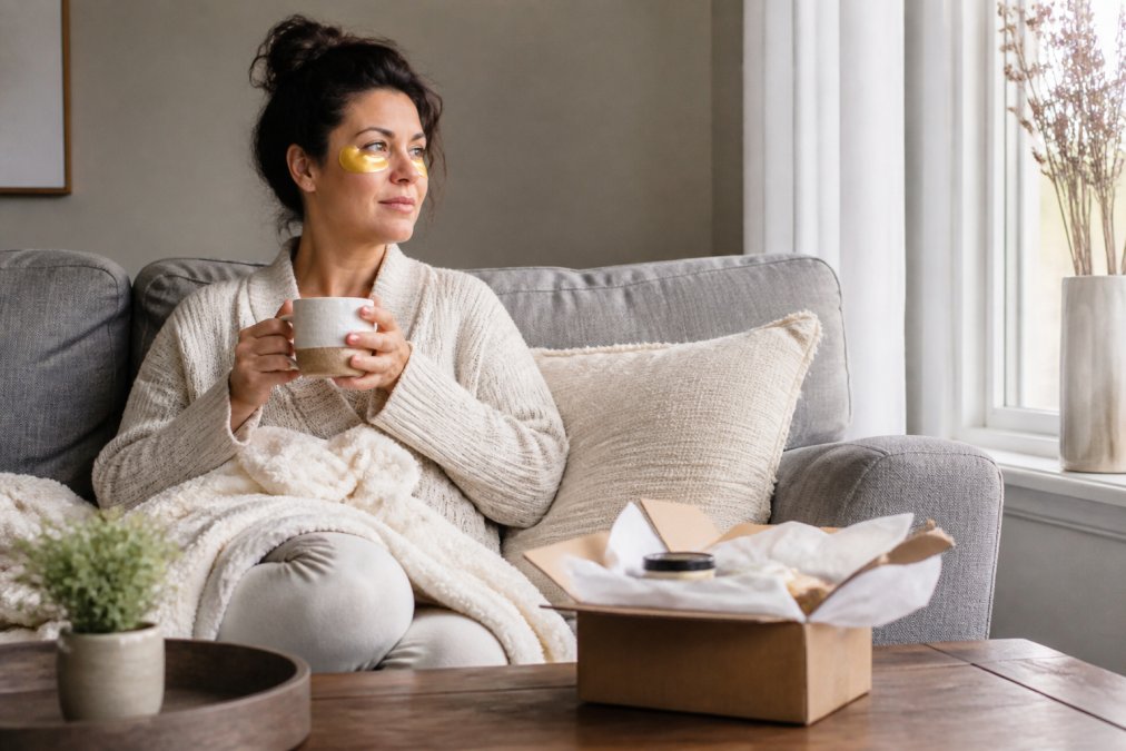 Infographic showing the fast shipping wellness process for home self-care products delivered to a woman relaxing at home.