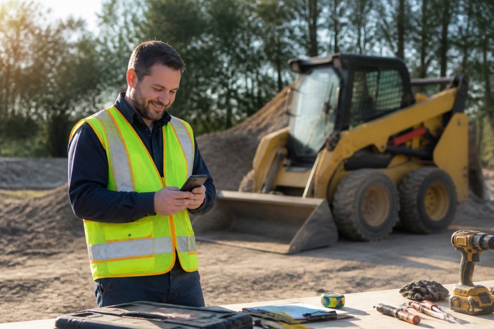 Construction business owner reviewing skidsteer financing approval on a smartphone at a job site