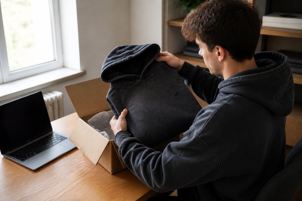 Young man unboxing a streetwear hoodie at his desk, examining the packaging and label carefully with natural morning light streaming through the window, laptop nearby showing order confirmation