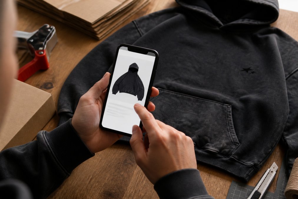 Close-up of hands scrolling through a streetwear brand's website on a smartphone, highlighting the shipping policy section and delivery estimate calculator with afternoon natural lighting