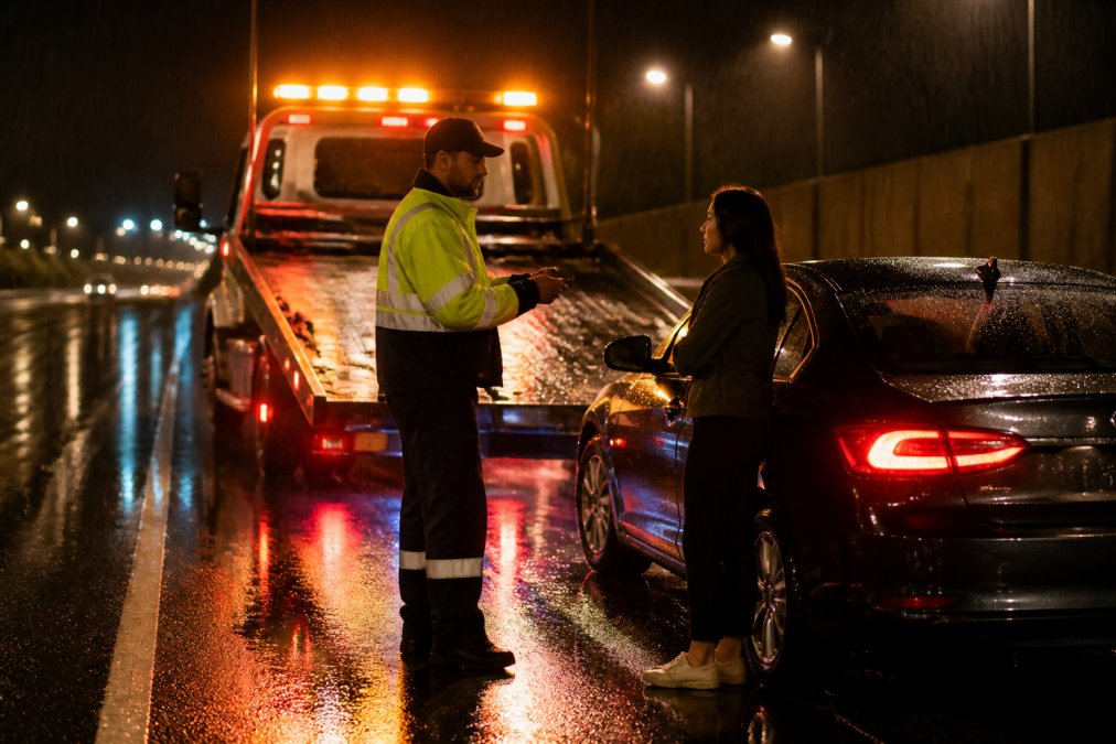 Professional tow truck with amber and red lights activated at night, positioned on a highway shoulder next to a disabled sedan, with the uniformed operator assisting a concerned driver in the rain