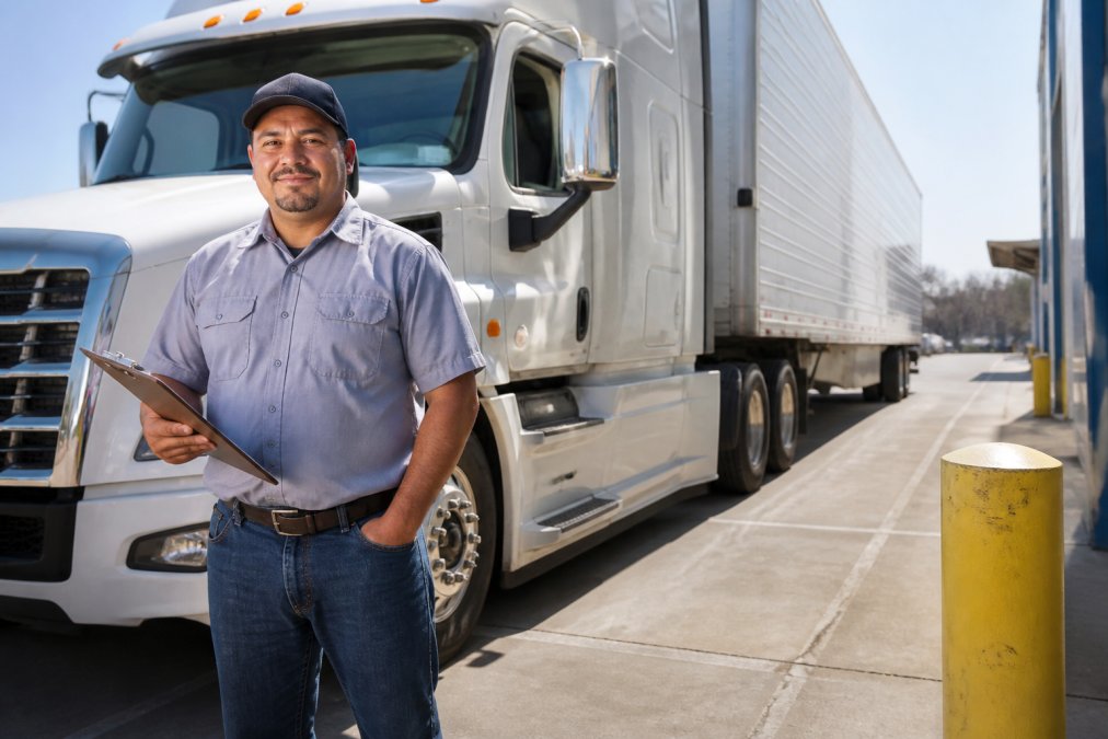 A professional truck driver in a clean uniform standing confidently next to his semi-truck at a testing facility, holding a clipboard with a satisfied expression