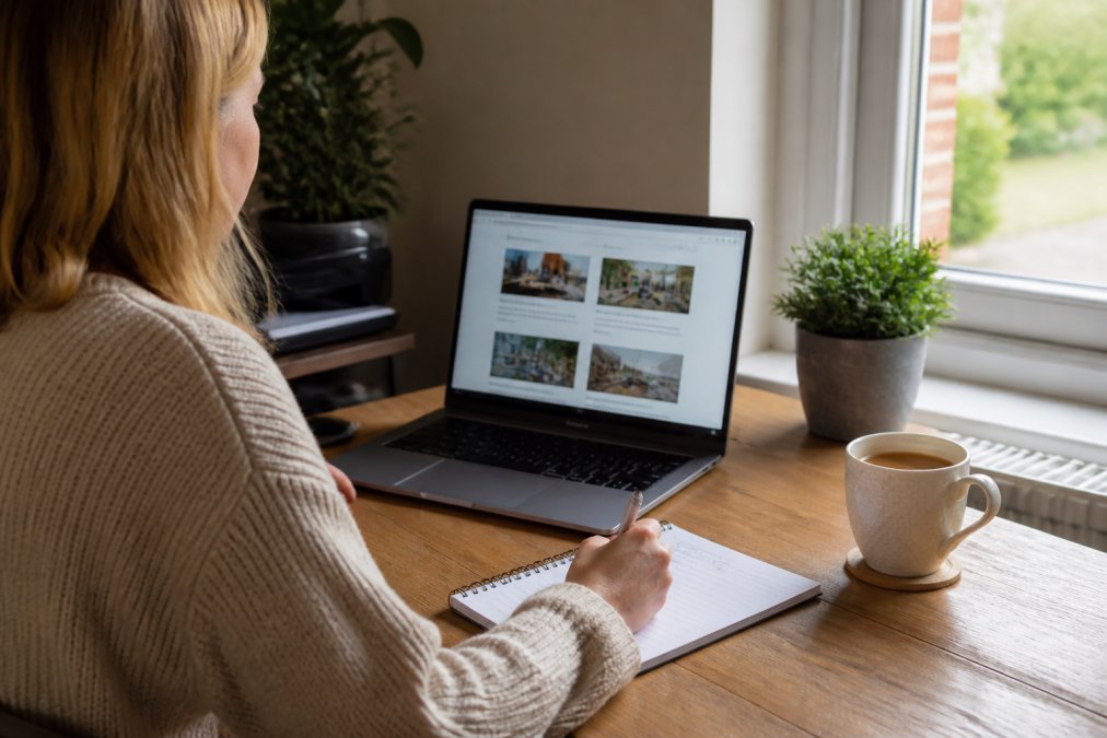A student studying for their personal licence application qualification on a laptop in a bright home office