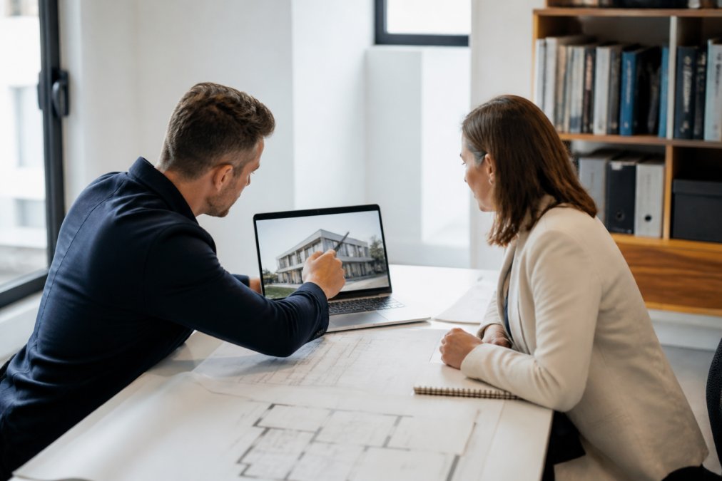 An architect and energy consultant reviewing building plans on a laptop in a bright, modern office, pointing at thermal performance graphs on screen