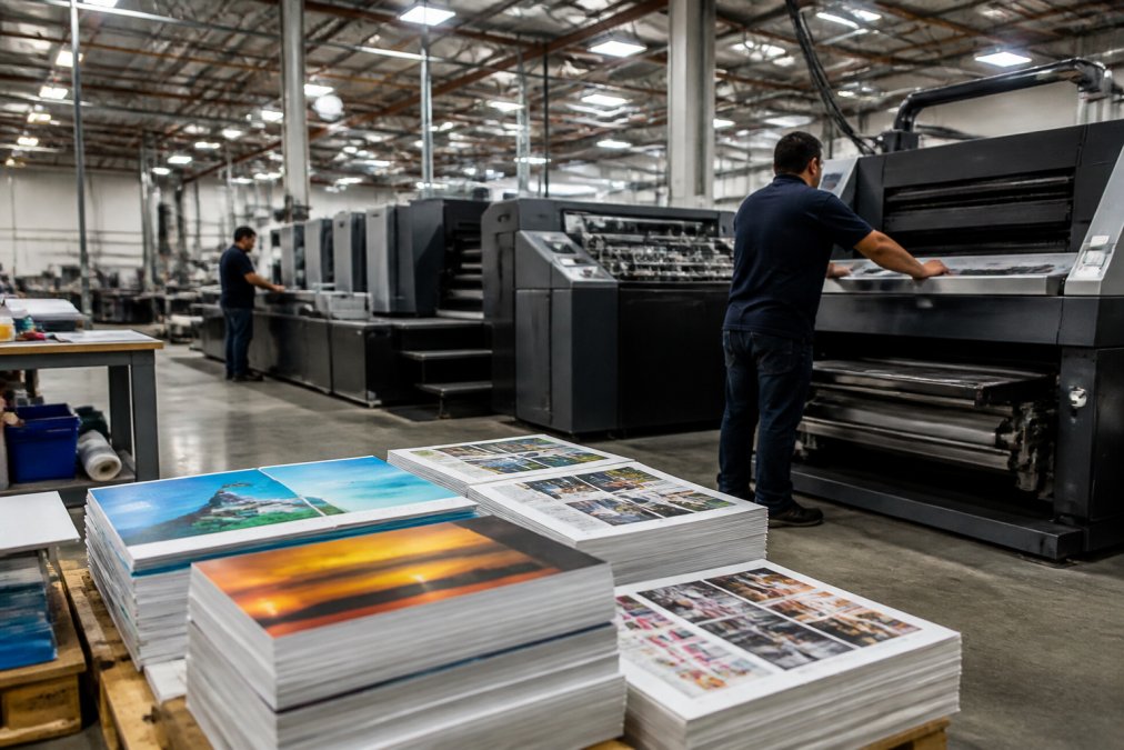 A print shop production floor with workers in branded uniforms operating large commercial digital printing presses, stacks of freshly printed marketing materials visible in the foreground under bright industrial lighting