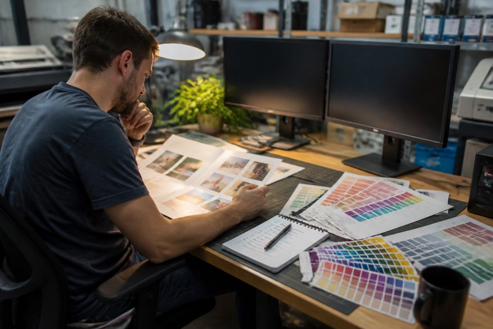 A graphic designer reviewing print-ready files on a large dual monitor setup at a tidy desk, with printed color proofs, Pantone color swatches, and a handwritten checklist notepad spread beside the keyboard under warm office lighting