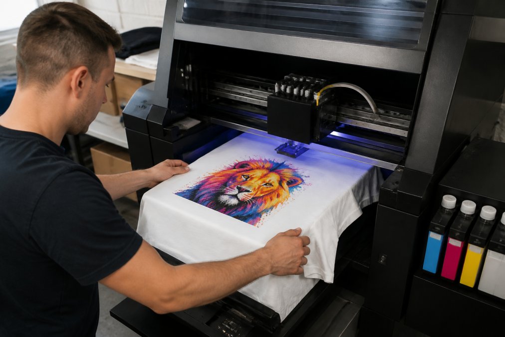 Professional operator feeding white t-shirt into direct-to-garment printer with vibrant custom design visible, showing precision printing head in action under workshop lighting